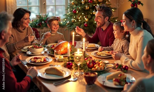 Family enjoying Christmas dinner together around a festive table with candles and holiday decorations. Warm and joyful atmosphere. Generated with AI
