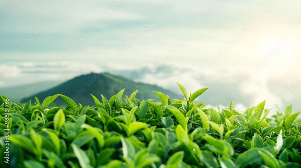 Obraz premium Lush green tea leaves flourish in a mountainous region during sunrise, creating a serene agricultural landscape.
