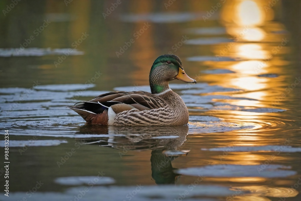 Obraz premium Duck Gliding Across a Tranquil Pond at Sunset