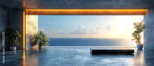 Modern minimalist balcony overlooking ocean with sunset.