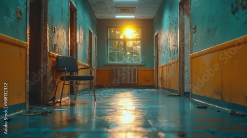 Abandoned Hallway with Chair  Sun Light  and  Old Walls