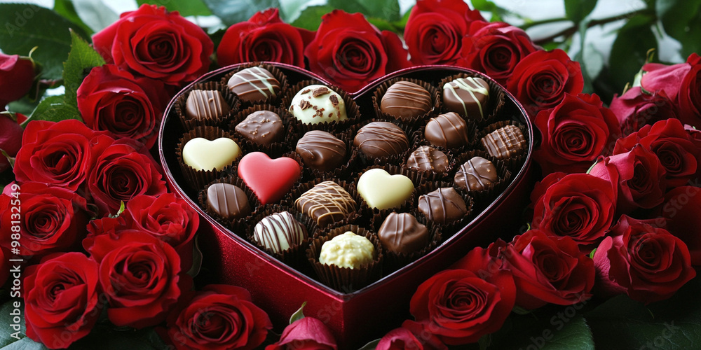 heart shaped box filled with assorted chocolates is beautifully arranged among vibrant red roses, creating romantic and delightful gift. Perfect for expressing love and affection heart shaped box filled with assorted chocolates is beautifully arranged among vibrant red roses, creating romantic and delightful gift. Perfect for expressing love and affection