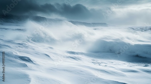 Snow Blowing Across Icy Landscape in Winter Storm