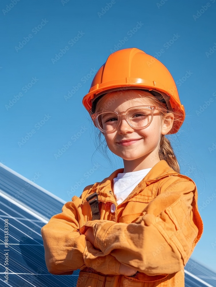 A young girl wearing a hard hat and safety glasses stands confidently in front of solar panels, symbolizing renewable energy, future technology, environmental awareness, STEM education, and childhood A young girl wearing a hard hat and safety glasses stands confidently in front of solar panels, symbolizing renewable energy, future technology, environmental awareness, STEM education, and childhood