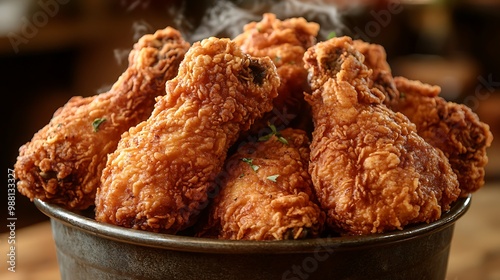 Golden, crispy fried chicken in a bucket, glistening with crunchy texture and steam rising from the hot pieces. Photographed from a top-down angle, photo