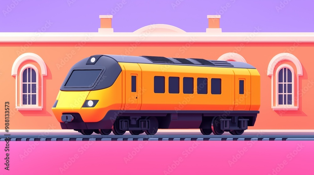 A vibrant yellow train waits at a colorful station during sunset, showcasing modern design and urban transit dynamics. A vibrant yellow train waits at a colorful station during sunset, showcasing modern design and urban transit dynamics.