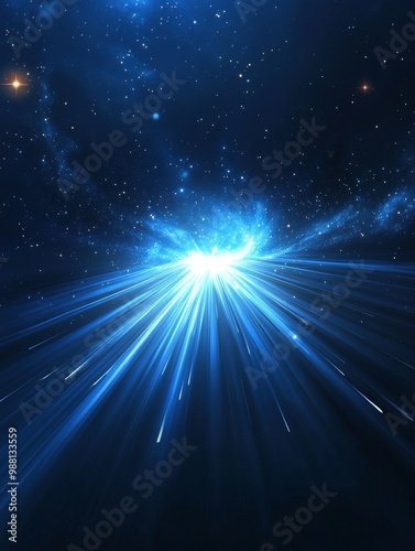 Vibrant Stars and Light Rays in Cosmic Space Scene. An abstract image depicting a bright white light emanating from a center point surrounded by swirling blue light and stars. This scene symbolizes cr