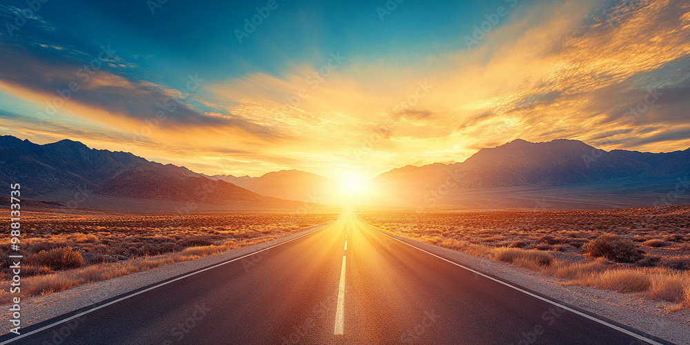 stunning highway stretching across desert landscape, illuminated by vibrant sunset. warm colors of sky reflect on road, creating serene and picturesque scene