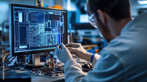 Computer engineer analyzing circuit board design on computer screen