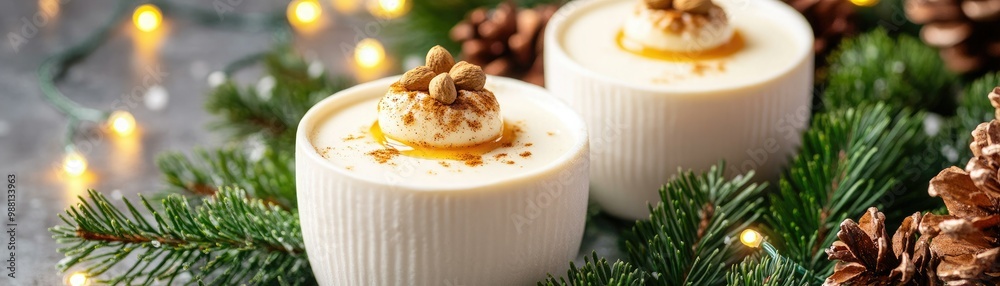 Festively styled desserts in white cups, garnished with nuts, surrounded by pine branches and warm lights, creating a cozy, seasonal atmosphere. Festively styled desserts in white cups, garnished with nuts, surrounded by pine branches and warm lights, creating a cozy, seasonal atmosphere.