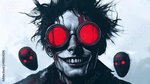 Mad scientist with unruly hair and oversized goggles, sinister grin, Halloween party masks in the background, dark comic style, isolated on white background photo