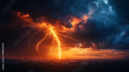 A powerful lightning bolt illuminates the dark sky over a city skyline, symbolizing nature's power, resilience, and the beauty of a natural disaster.