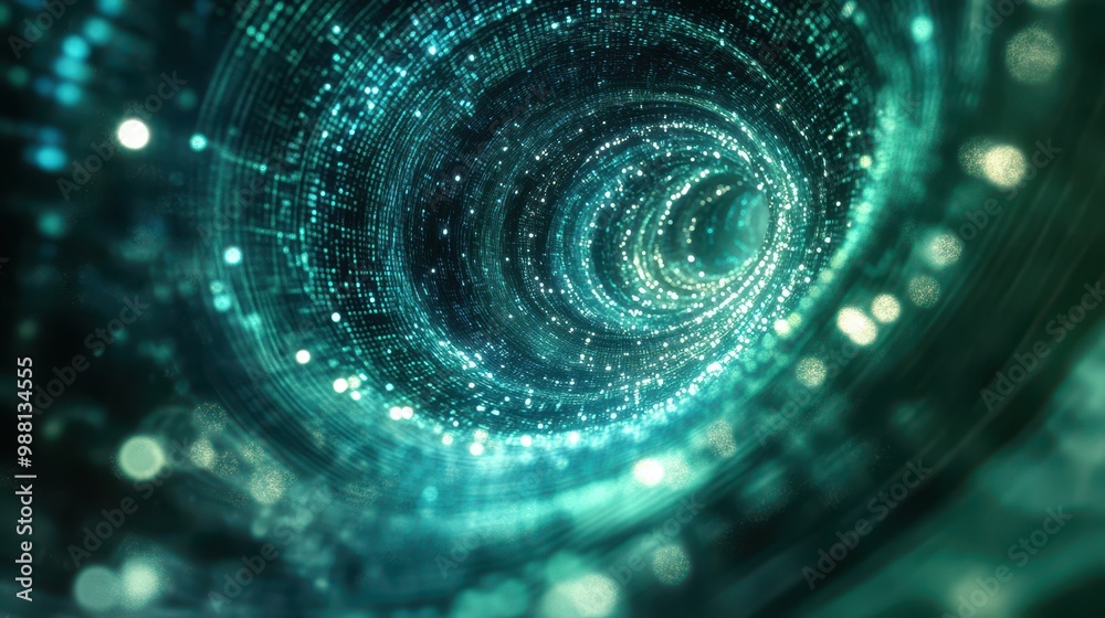Abstract Teal Tunnel of Light with Bokeh Effect - Digital Art Background.