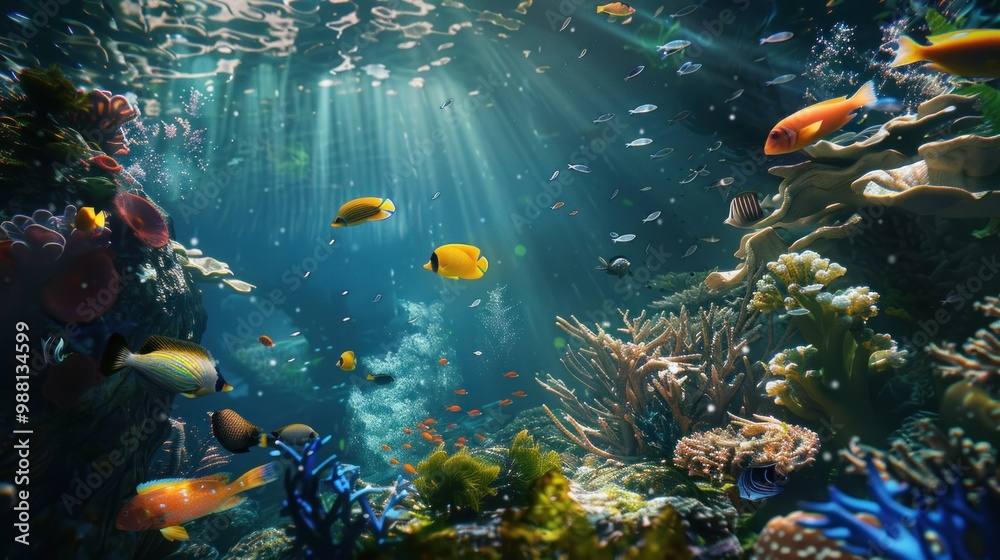 Naklejka premium Underwater Paradise: A vibrant coral reef teeming with life