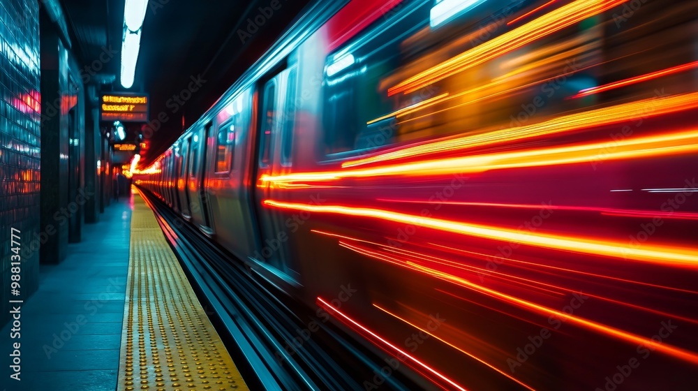 Subway Train Speed Blur and Lights, a high-speed subway train captured with a long exposure, showcasing vibrant light streaks and a sense of movement. The image symbolizes speed, urban life, transport Subway Train Speed Blur and Lights, a high-speed subway train captured with a long exposure, showcasing vibrant light streaks and a sense of movement. The image symbolizes speed, urban life, transport