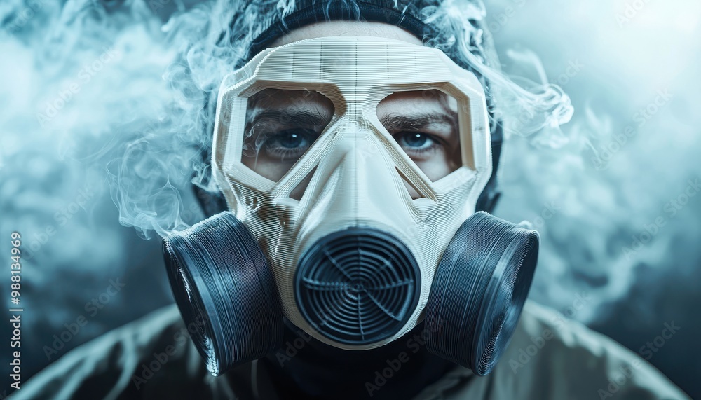 A person wearing a gas mask, surrounded by smoke, symbolizes protection and caution in hazardous environments. A person wearing a gas mask, surrounded by smoke, symbolizes protection and caution in hazardous environments.