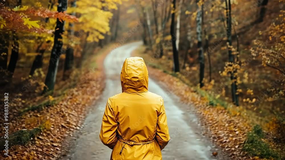 A person in a yellow raincoat walking along a winding path through autumn-colored forest in the early evening