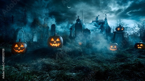 Dramatic cinematic Halloween poster showcasing a creepy graveyard scene filled with mist and glowing jack-o'-lanterns.Perfect for adding marketing copy,ideal for Halloween-themed promotions and events