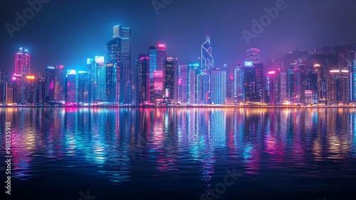 Abstract Neon Cityscape at Night Highlighting Bright Lights and Urban Skyscrapers 