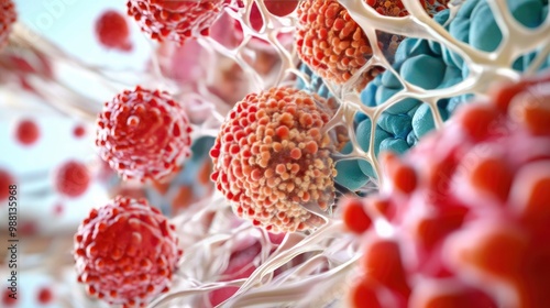 A vibrant depiction of cellular structures showcasing red and blue spheres, representing various biological processes at a microscopic level.