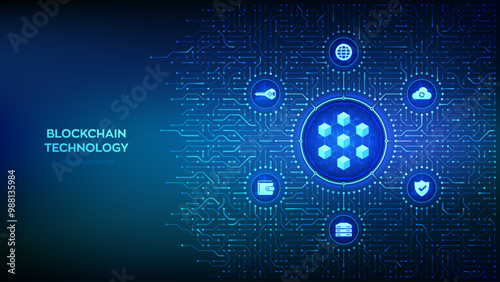 Blockchain technology. Decentralized network. Fintech cryptocurrency. Information blocks in cyberspace. Background with circuit board connections and tech icons. Vector Illustration.
