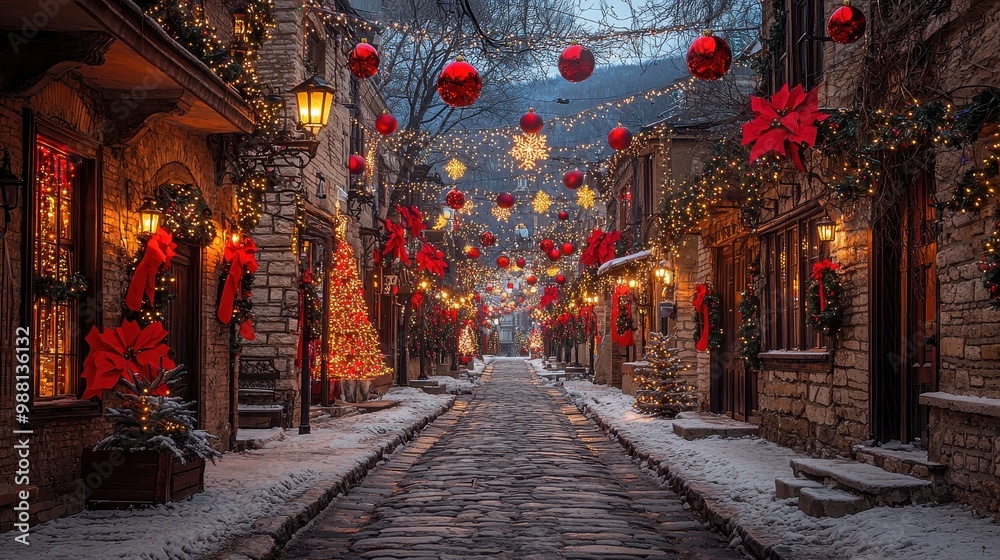 Obraz premium Christmas Street Scene with Cobblestones and Red Ornaments