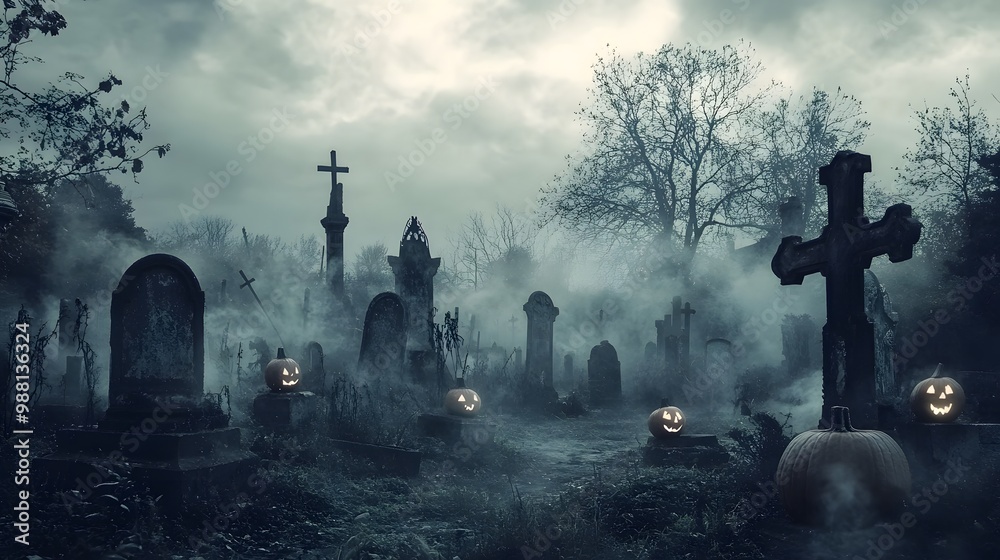 Dramatic cinematic Halloween poster showcasing a creepy graveyard scene filled with mist and glowing jack-o'-lanterns.Perfect for adding marketing copy,ideal for Halloween-themed promotions and events Dramatic cinematic Halloween poster showcasing a creepy graveyard scene filled with mist and glowing jack-o'-lanterns.Perfect for adding marketing copy,ideal for Halloween-themed promotions and events