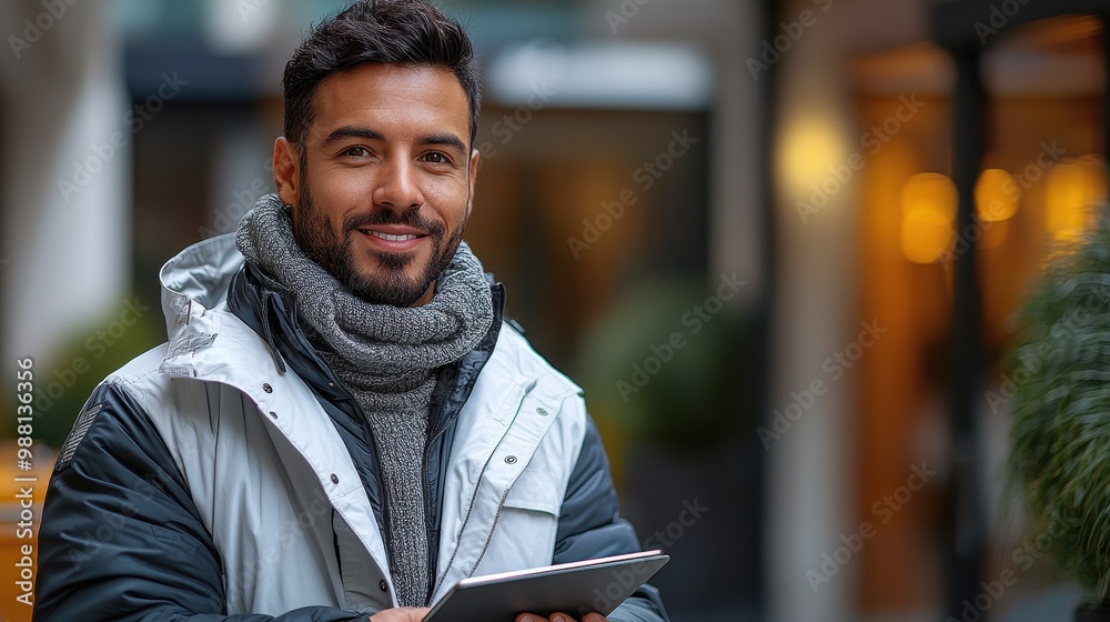 Smiling Man in Winter Clothing Holding a Tablet Smiling Man in Winter Clothing Holding a Tablet
