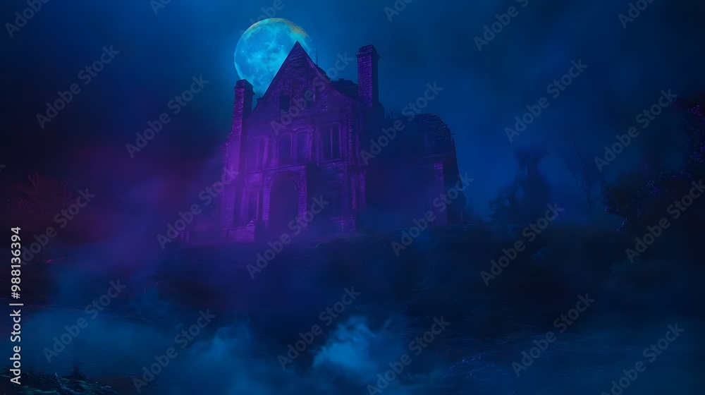 Cinematic depiction of a haunted house illuminated by a full moon, surrounded by swirling fog and eerie blue and purple lighting, perfect for moody and atmospheric Halloween designs Cinematic depiction of a haunted house illuminated by a full moon, surrounded by swirling fog and eerie blue and purple lighting, perfect for moody and atmospheric Halloween designs