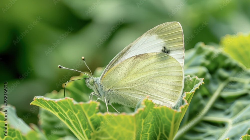 Close-Up of a White Butterfly on a Green Leaf Close-Up of a White Butterfly on a Green Leaf