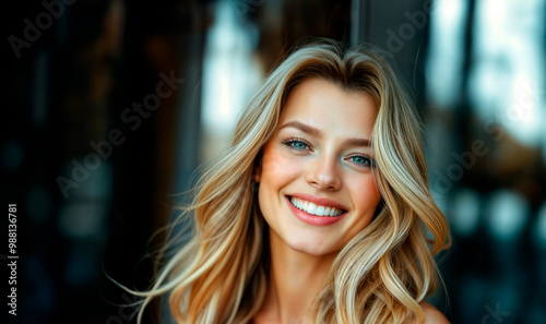 A beautiful young woman with blonde hair smiling.