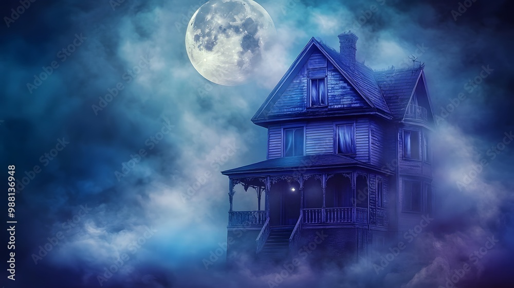Cinematic depiction of a haunted house illuminated by a full moon, surrounded by swirling fog and eerie blue and purple lighting, perfect for moody and atmospheric Halloween designs Cinematic depiction of a haunted house illuminated by a full moon, surrounded by swirling fog and eerie blue and purple lighting, perfect for moody and atmospheric Halloween designs