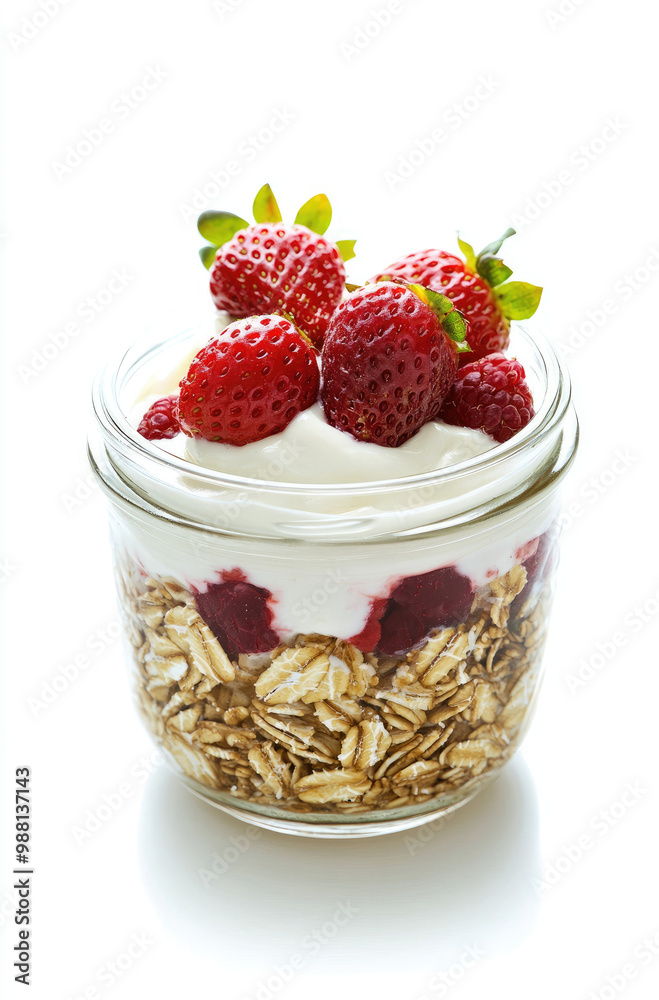 A Jar of Overnight Oats with Greek Yogurt and Strawberries A Sweet and Healthy Morning Treat A Jar of Overnight Oats with Greek Yogurt and Strawberries A Sweet and Healthy Morning Treat