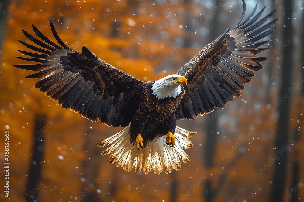 Fototapeta premium Bald Eagle Soaring Through Autumn Snowfall
