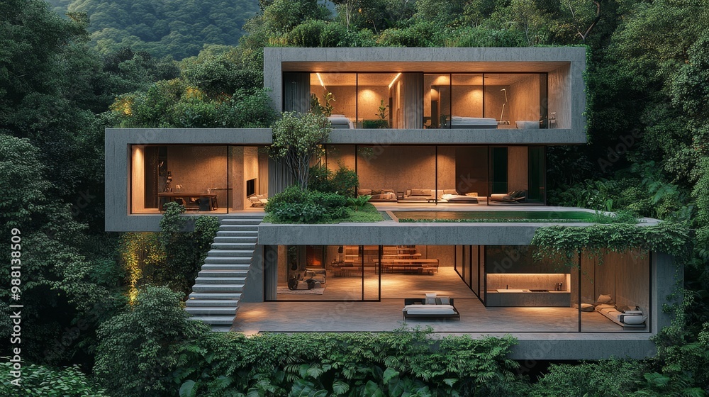 Contemporary cube house with a floating staircase connecting each level, leading up to a rooftop terrace, lush greenery around, futuristic design, natural light, isometric view