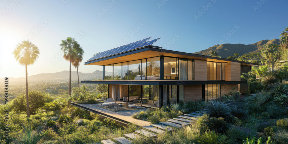 Modern Split-Level Homes with Solar Panels. Eco-Friendly Architecture in California and Arizona, Showcasing Sustainable Living Amidst Stunning Landscapes and Sunlit Environments.