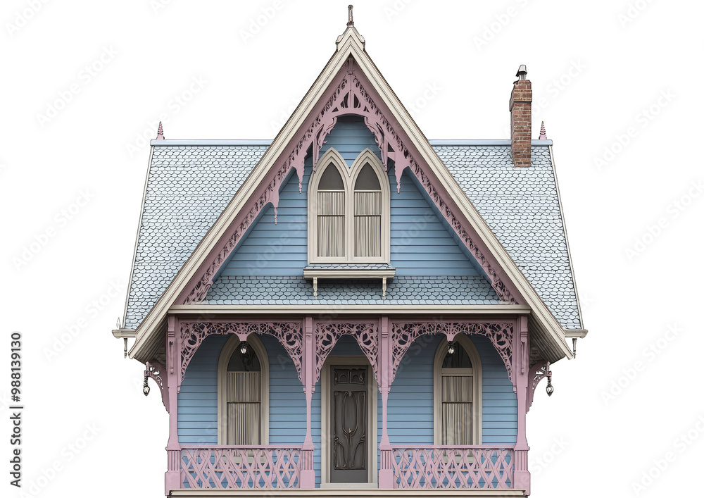 Obraz premium A charming vintage house with intricate wooden details and a beautiful blue facade complemented by pink accents.