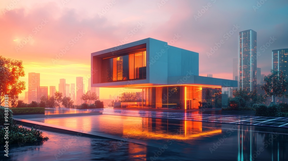 Cube home with solar panels and wood features, modern aesthetic, futuristic yet eco-friendly, surrounded by a digital cityscape, clean lines, neon reflections, holographic accents Cube home with solar panels and wood features, modern aesthetic, futuristic yet eco-friendly, surrounded by a digital cityscape, clean lines, neon reflections, holographic accents
