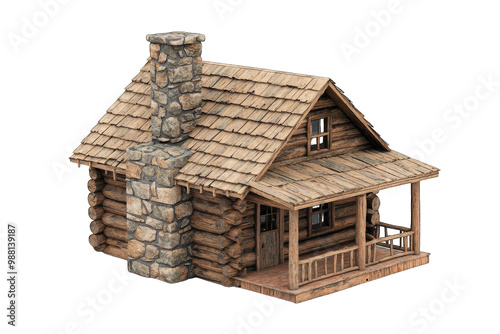 A charming wooden cabin with a stone chimney and rustic design, perfect for nature retreats and cozy getaways.