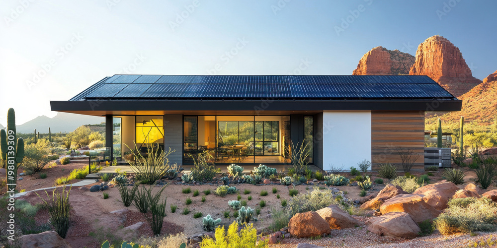 Obraz premium Modern Split-Level Homes with Solar Panels. Eco-Friendly Architecture in California and Arizona, Showcasing Sustainable Living Amidst Stunning Landscapes and Sunlit Environments.