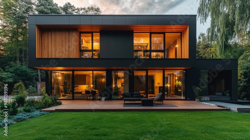 Cube house with alternating wood and metal panels, minimalist style, modern architecture, soft evening light, surrounded by greenery, high resolution, warm tones