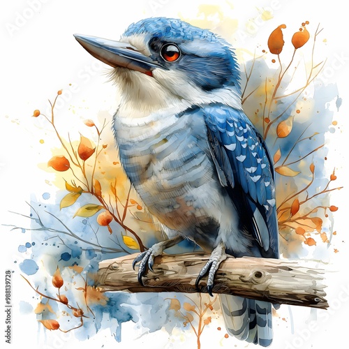 Kookaburra Bird Illustration in Watercolor Style, Isolated on White Background photo