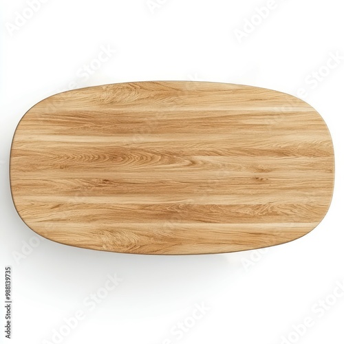 A top-down view of an oval-shaped wooden coffee table with a light oak finish and smooth rounded edges, ideal for modern living spaces.