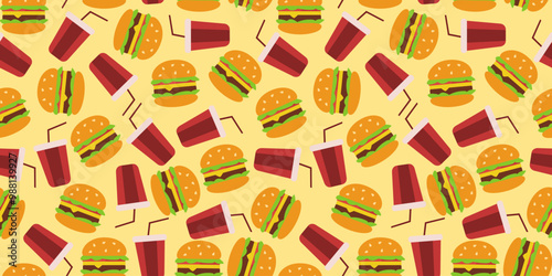 burger pattern background. doodle fast food. burger seamless pattern background. Seamless Pattern of a Cheese Burger or Hamburger. hamburger pattern.	
