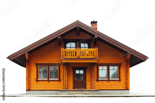 Charming wooden house with a balcony, showcasing rustic architecture and warm, inviting exterior design in a tranquil setting.