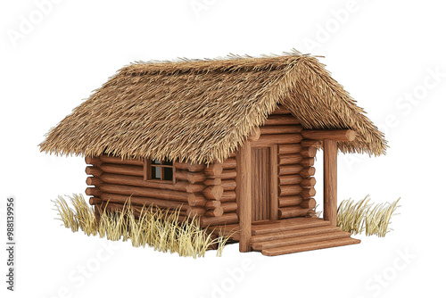 Charming wooden house with a thatched roof, nestled among tall grass, perfect for rural or rustic themes.