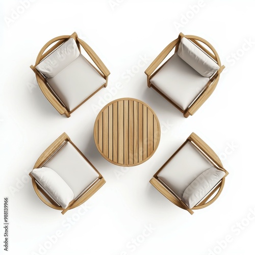 A top-down view of an outdoor wooden patio set featuring four cushioned chairs and a round slatted table, perfect for outdoor gatherings and relaxation.