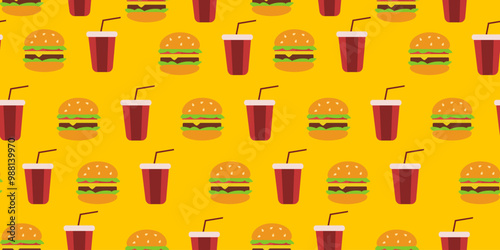 burger pattern background. doodle fast food. burger seamless pattern background. Seamless Pattern of a Cheese Burger or Hamburger. hamburger pattern.	
