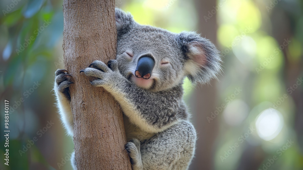 Fototapeta premium Cute Koala Bear Hugging Tree Trunk in Eucalyptus Forest