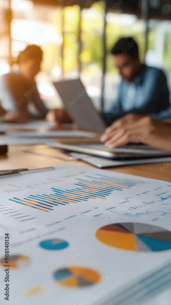 Asian group of people working with documents have financial charts on a board room table at a business presentation Asian group of people working with documents have financial charts on a board room table at a business presentation